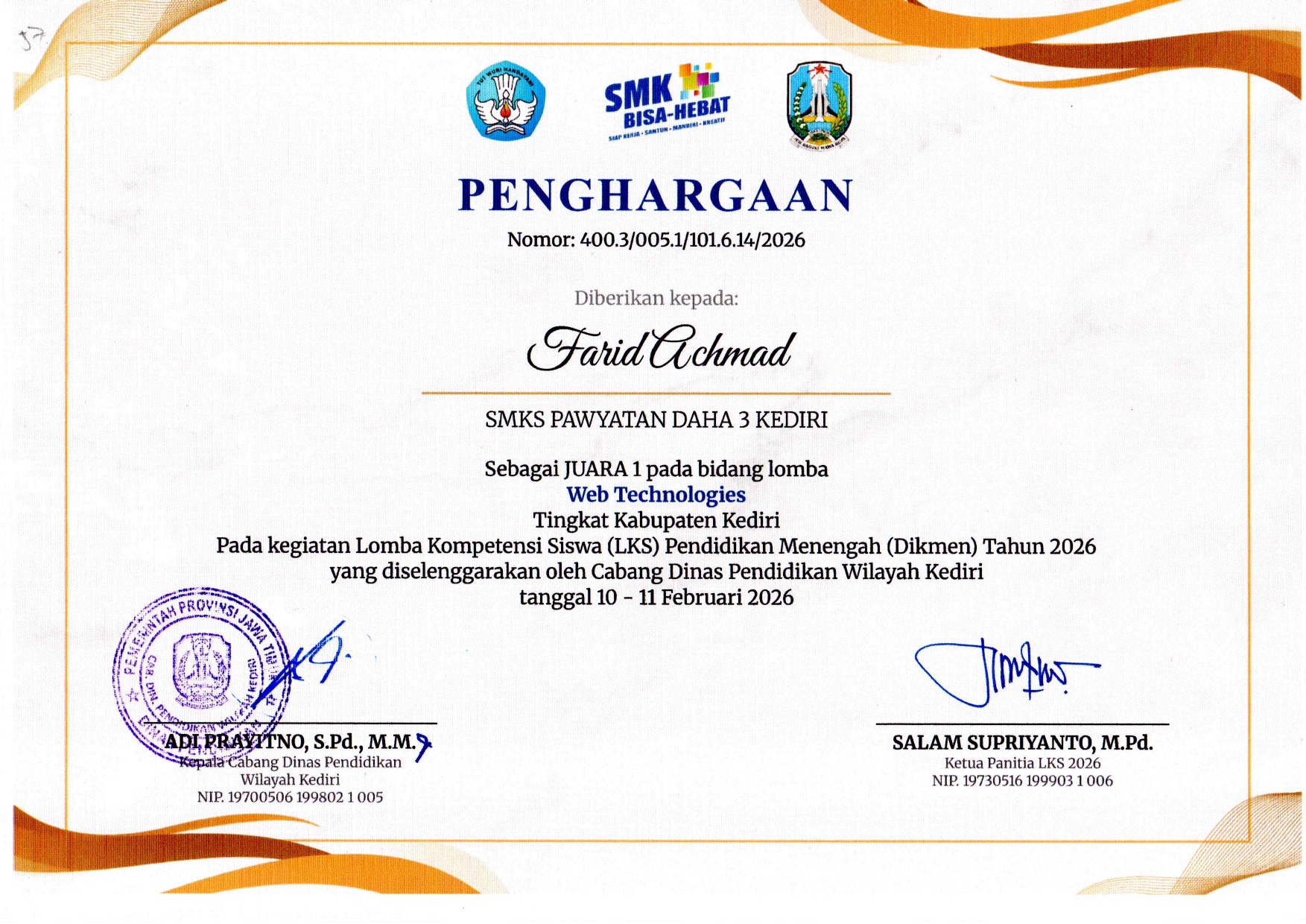 LKS 1st Place Certificate